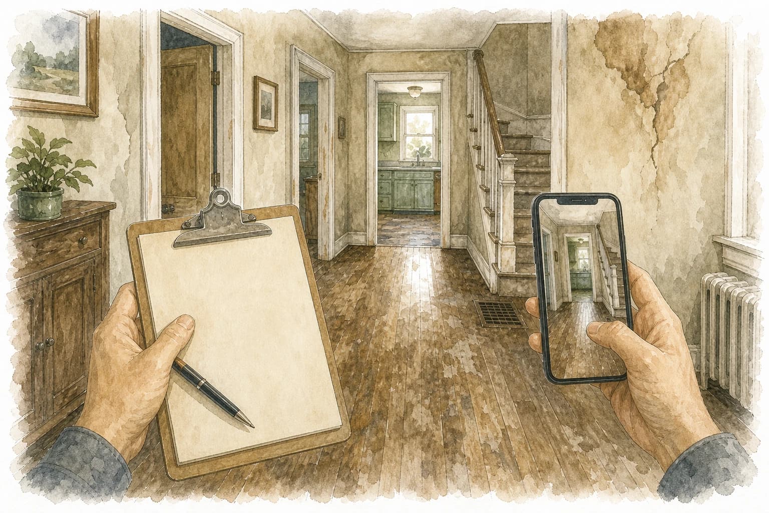 Watercolor line art of an as-is home walkthrough with a blank clipboard, phone camera, and worn older interior