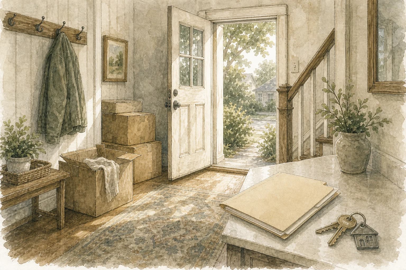 Watercolor line art of keys, a blank folder, and moving boxes in the entryway of an older Minnesota home