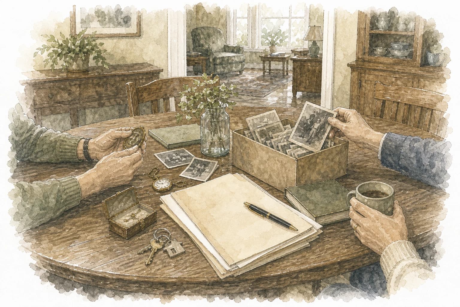 Watercolor line art of family hands sorting keepsakes, blank papers, keys, and old photos at a dining table