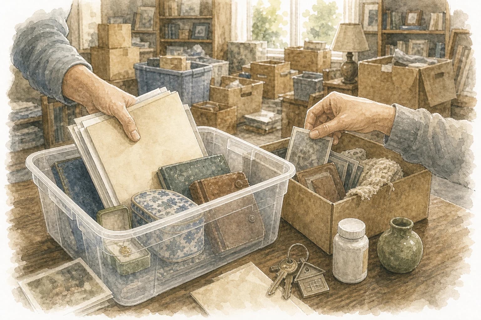 Watercolor line art of hands saving documents, keepsakes, photos, and keys from a heavy cleanout room