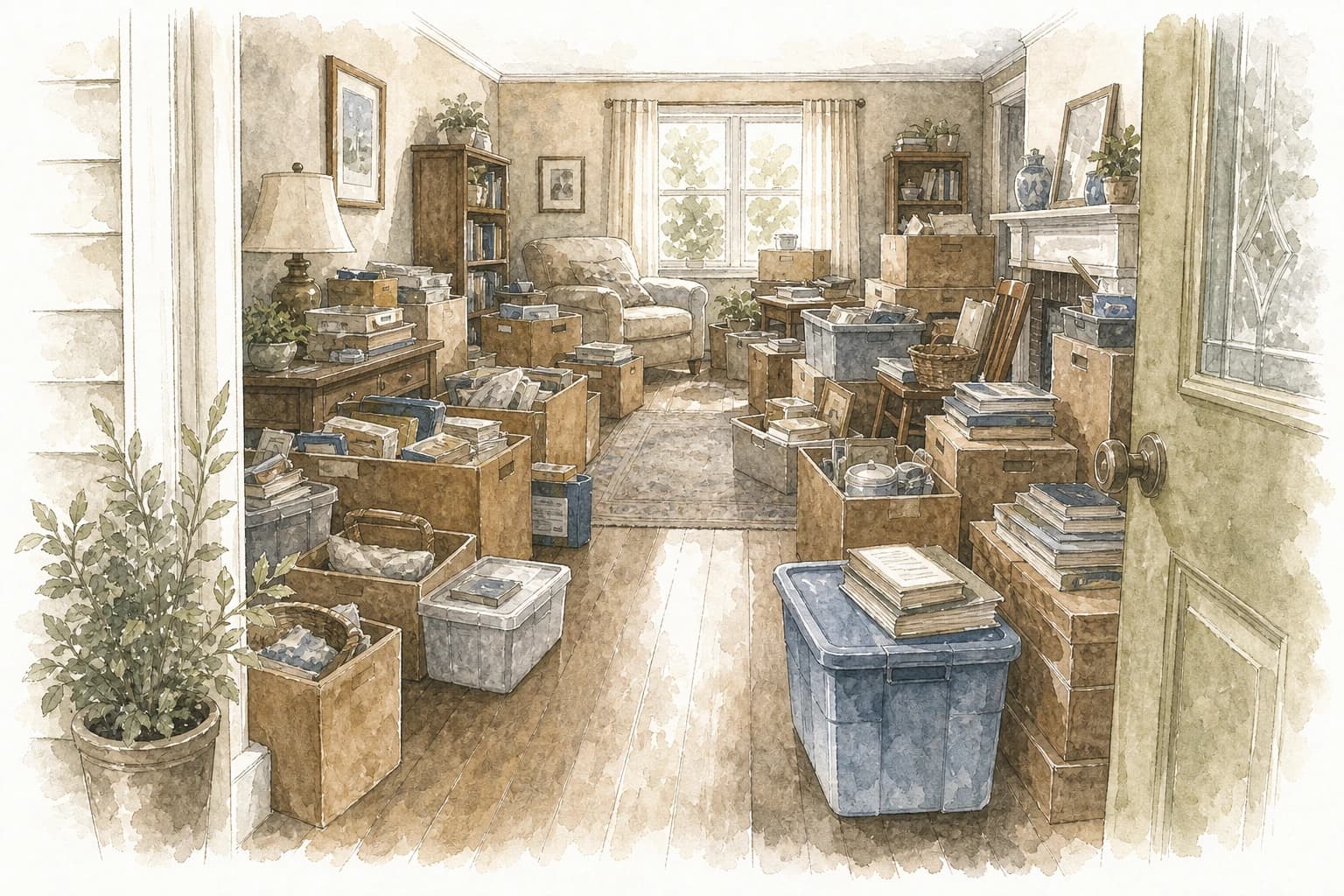 Watercolor line art of a heavy cleanout home interior with boxes, bins, books, and a clear walkway
