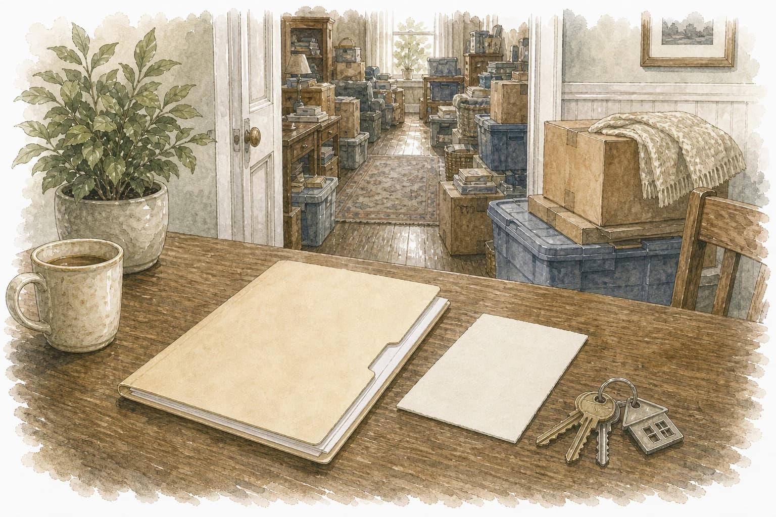 Watercolor line art of a blank purchase folder and keys beside boxes with a cluttered room in the background