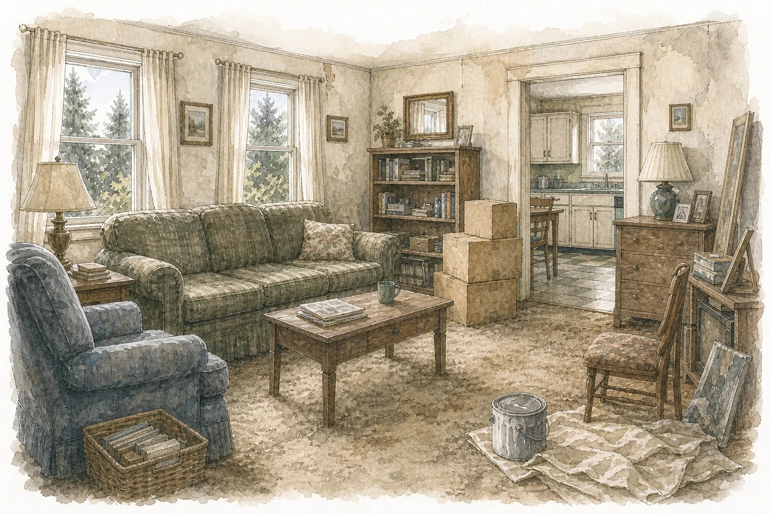 Watercolor line art of a dated unstaged living room with moving boxes and unfinished paint supplies