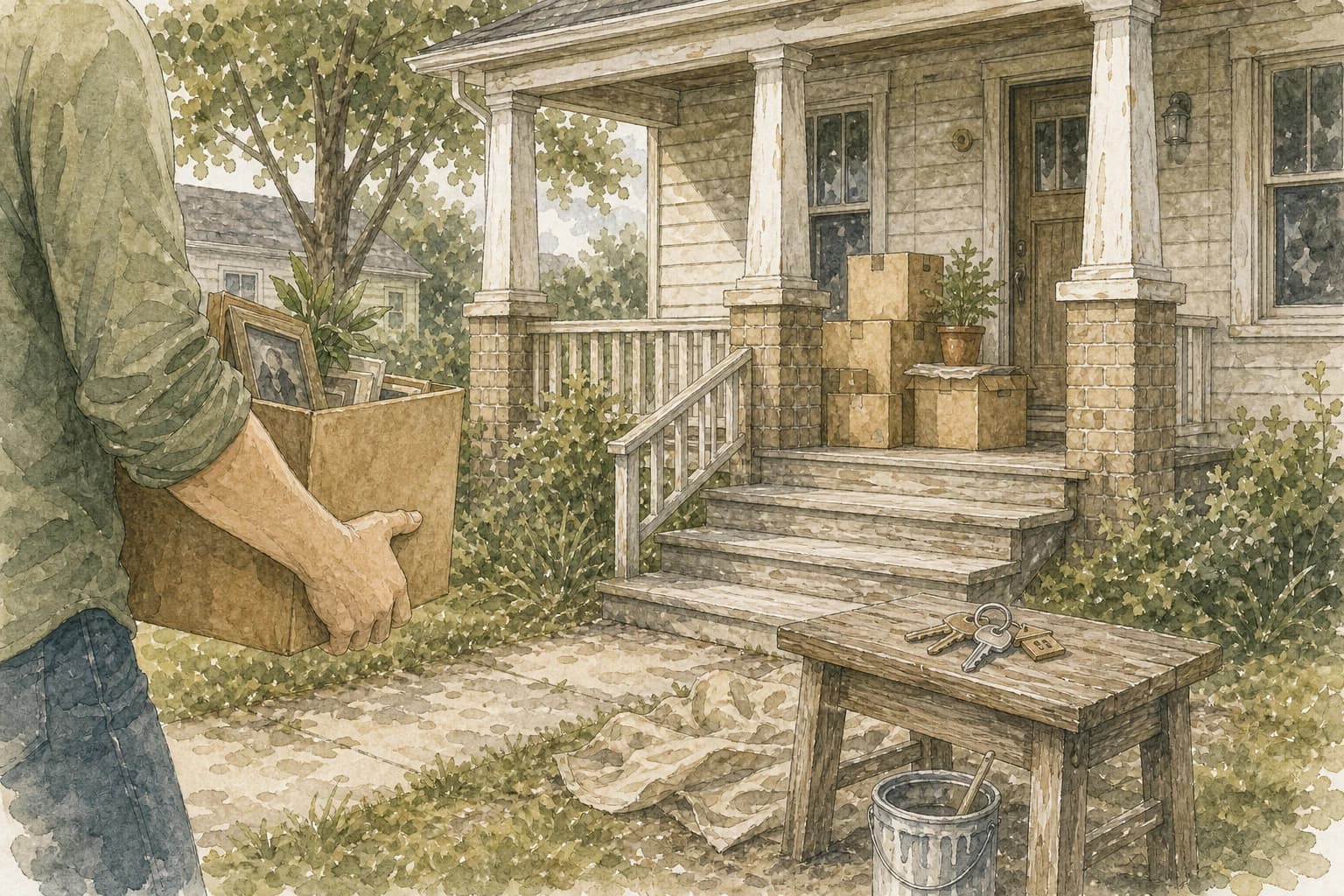 Watercolor line art of a homeowner carrying a box from a porch with keys and unfinished paint supplies