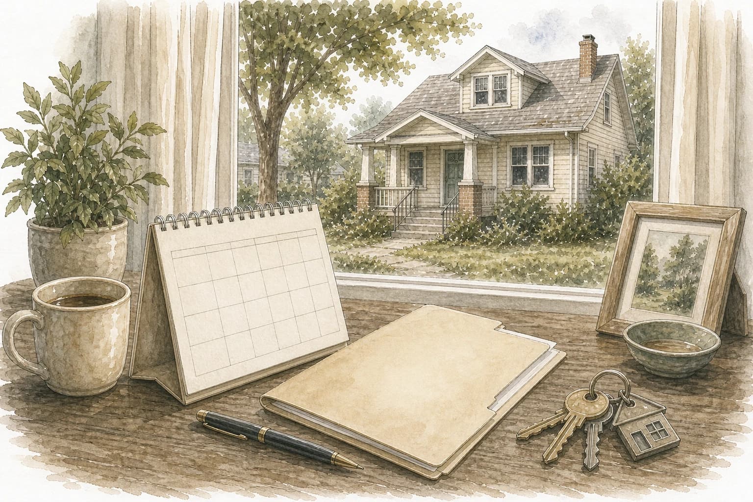 Watercolor line art of a probate planning table with a blank calendar, folder, keys, and Minnesota estate home