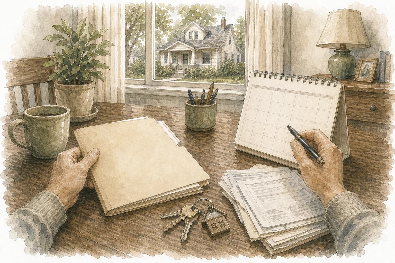 Watercolor line art of a personal representative reviewing a blank calendar, folder, estate papers, and keys