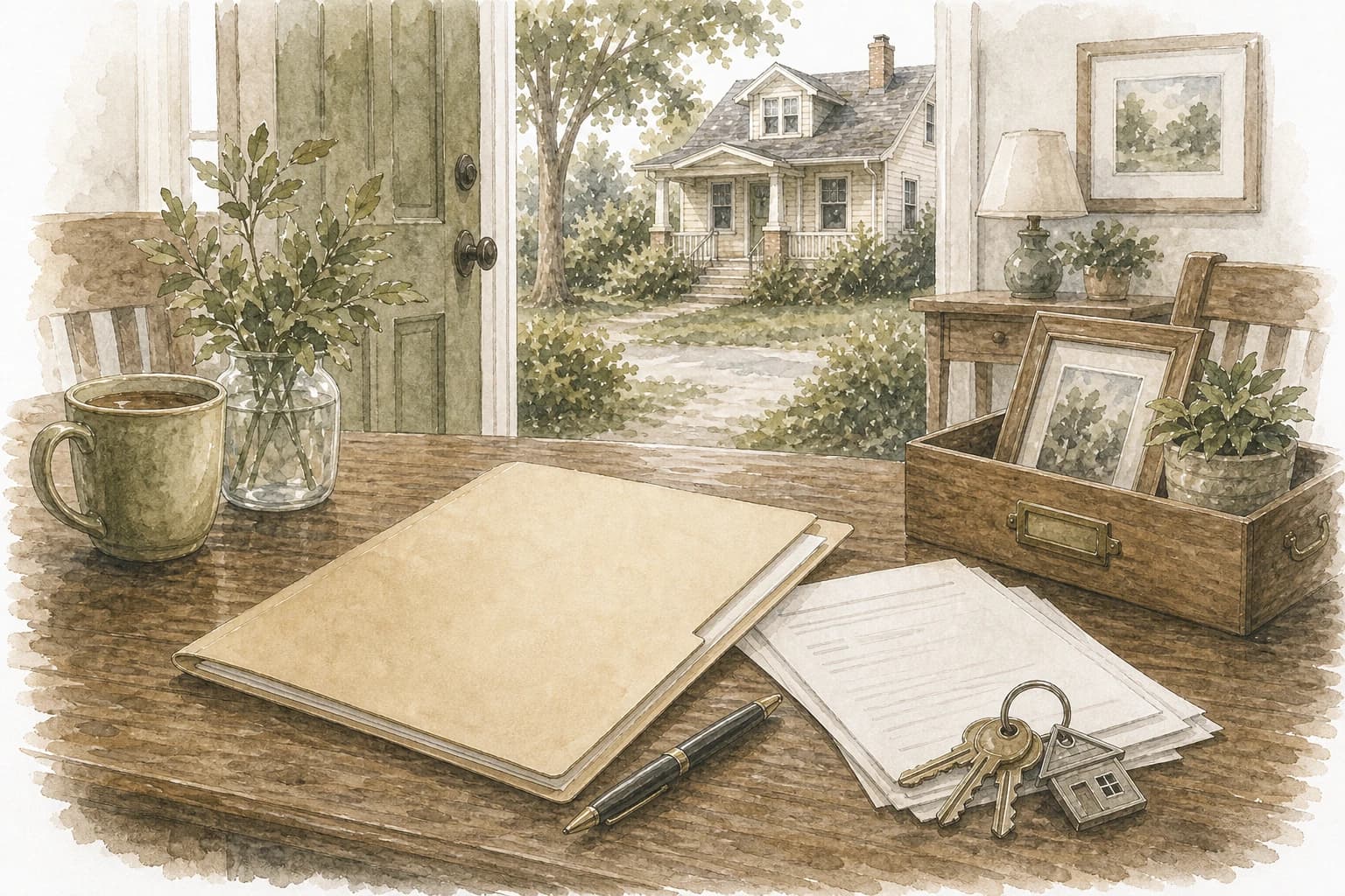 Watercolor line art of a blank title folder, keys, pen, and estate house visible through an open doorway