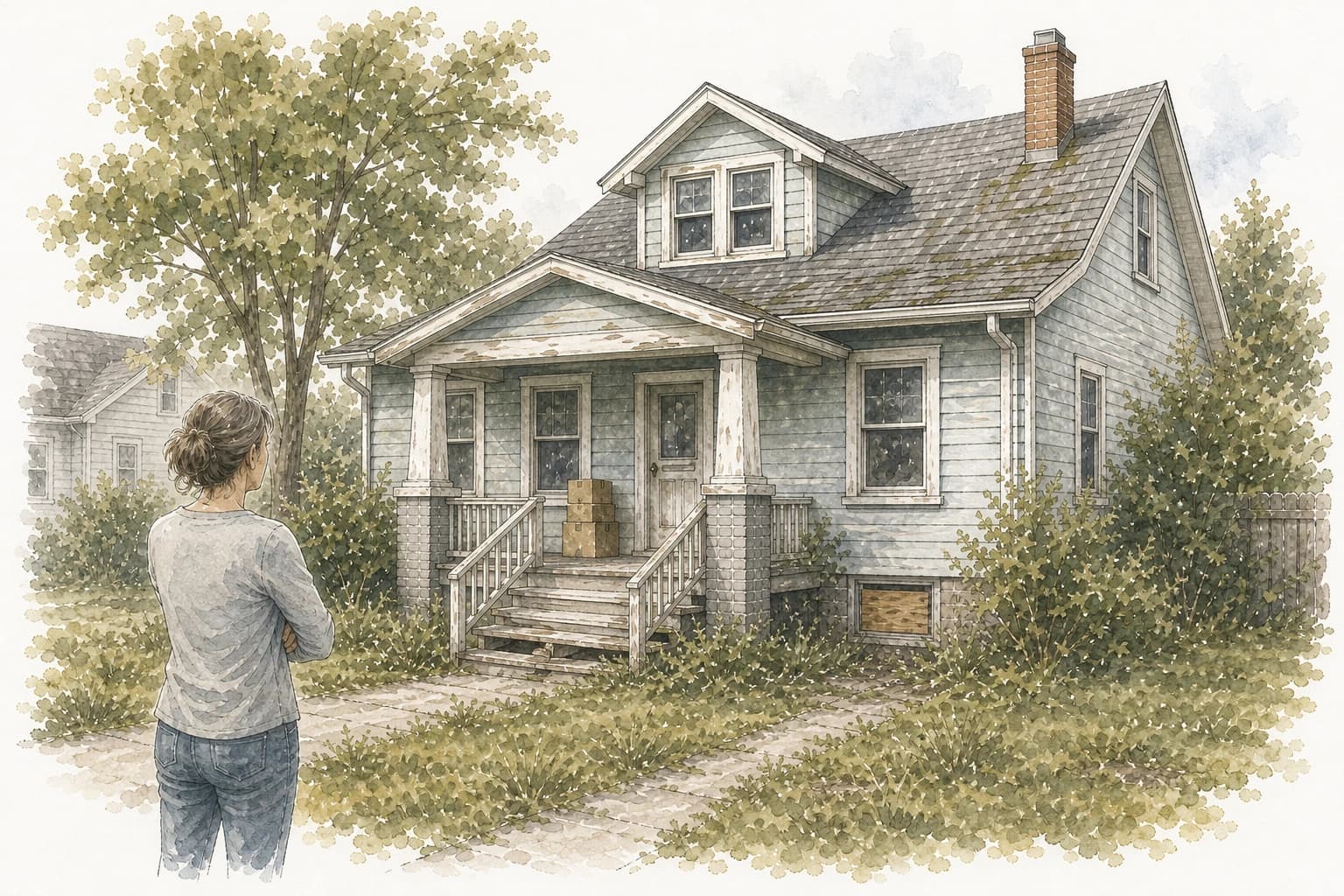 Watercolor line art of a homeowner looking at an older Minnesota house with repairs and overgrown shrubs