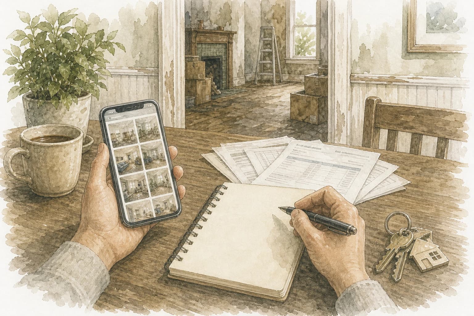 Watercolor line art of a kitchen table with phone photos, blank notes, keys, and repair papers