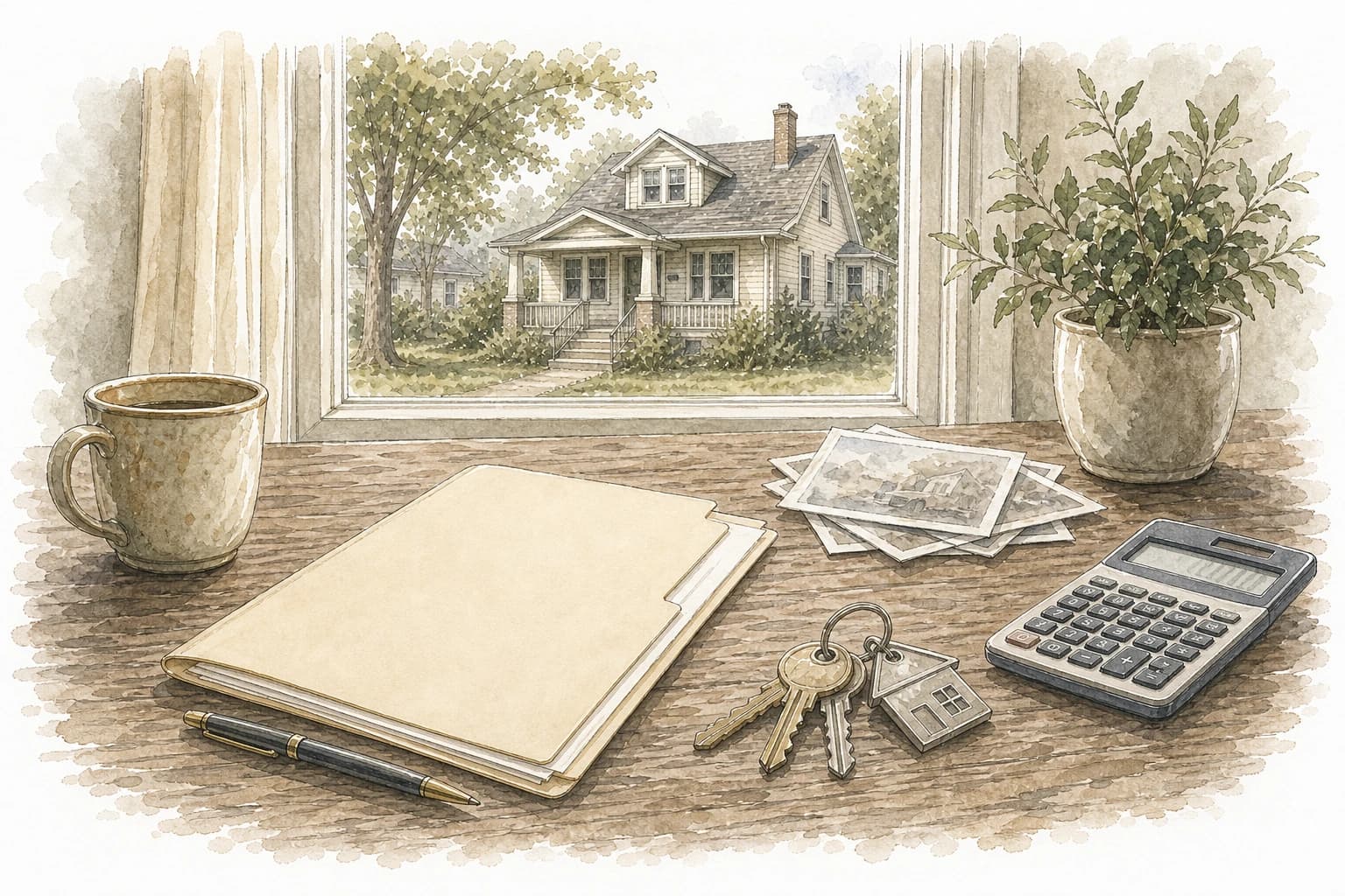 Watercolor line art of a blank offer packet, keys, calculator, and older Minnesota house through a window